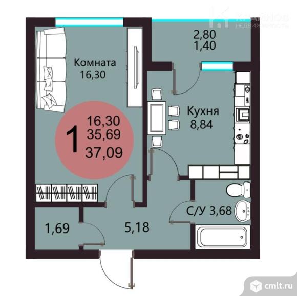 1-комнатная квартира 37,1 кв.м. Фото 10.