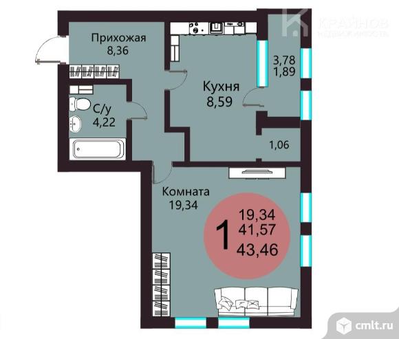 1-комнатная квартира 42,5 кв.м. Фото 12.