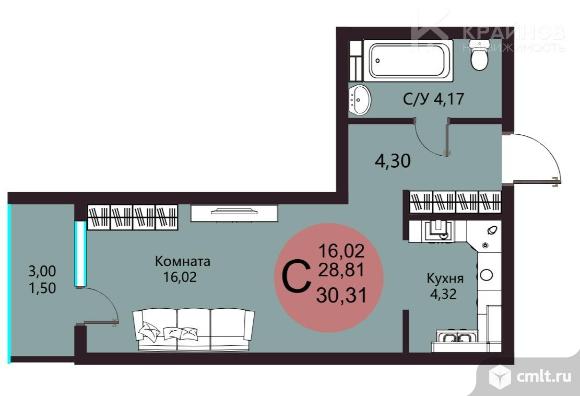 1-комнатная квартира 30,31 кв.м. Фото 14.