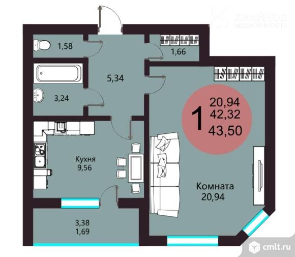 1-комнатная квартира 42 кв.м. Фото 13.