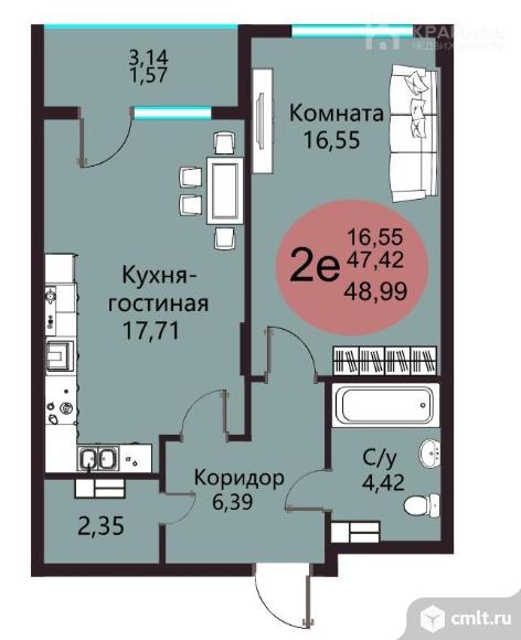 1-комнатная квартира 48,99 кв.м. Фото 16.