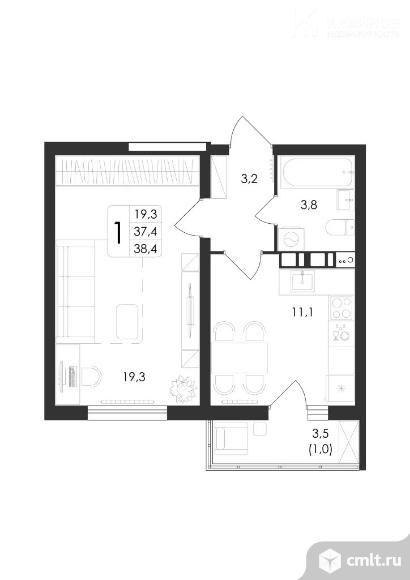 1-комнатная квартира 38,4 кв.м. Фото 1.