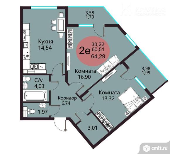 2-комнатная квартира 64,29 кв.м. Фото 5.