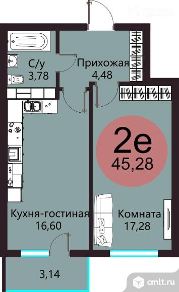 2-комнатная квартира 45,28 кв.м. Фото 9.