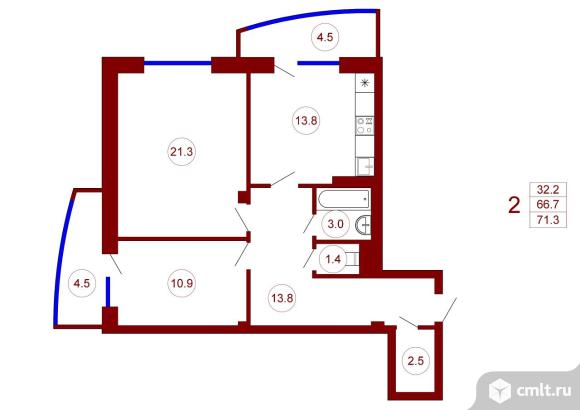 2-комнатная квартира 71,3 кв.м. Фото 1.