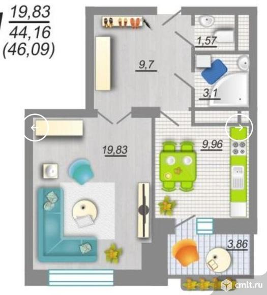 1-комнатная квартира 42 кв.м. Фото 11.