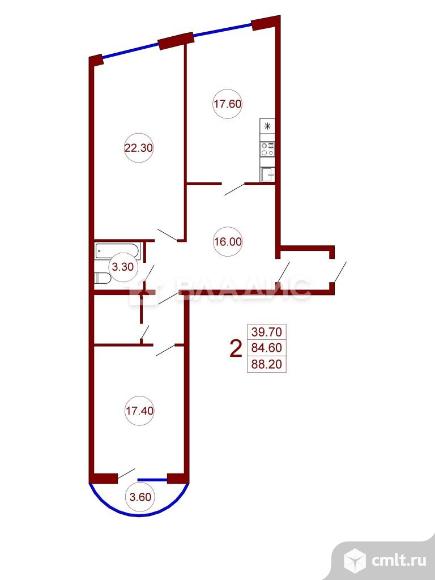 2-комнатная квартира 84,6 кв.м. Фото 7.