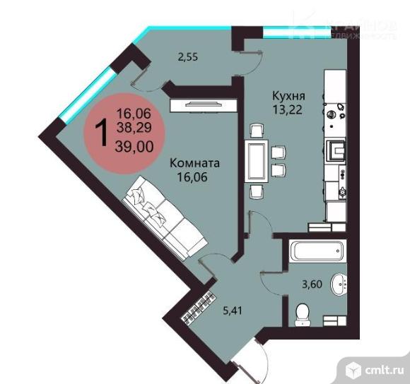 1-комнатная квартира 39,56 кв.м. Фото 10.
