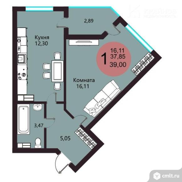 1-комнатная квартира 39,29 кв.м. Фото 10.