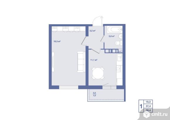 1-комнатная квартира 38,4 кв.м. Фото 1.