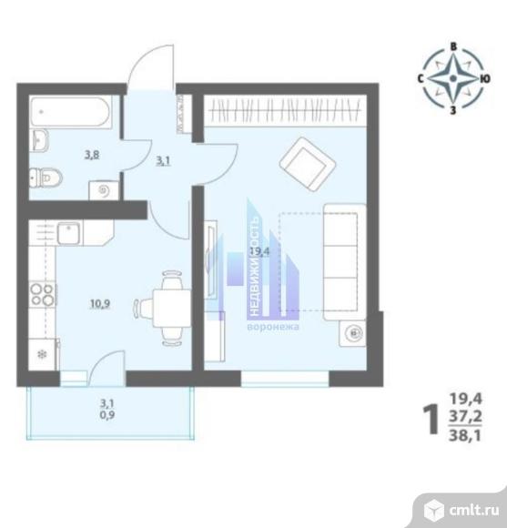 1-комнатная квартира 38,1 кв.м. Фото 8.