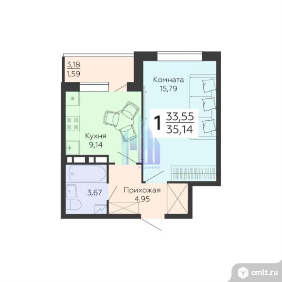 1-комнатная квартира 35,14 кв.м. Фото 11.