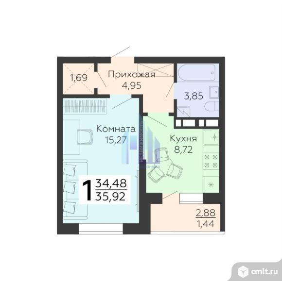 1-комнатная квартира 35,92 кв.м. Фото 11.