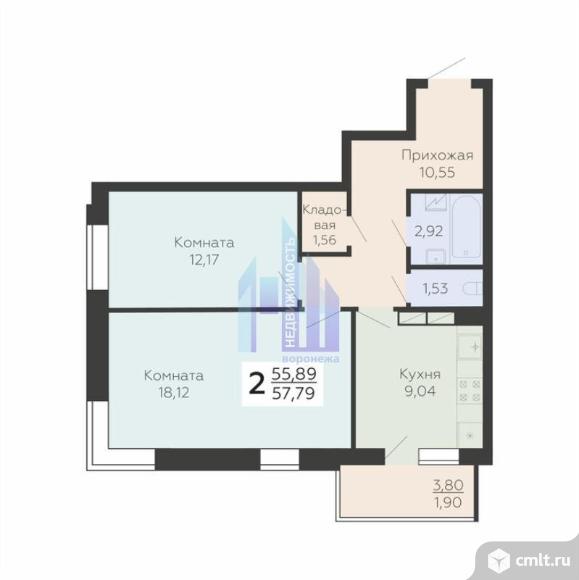 2-комнатная квартира 57,79 кв.м. Фото 1.