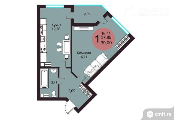 1-комнатная квартира 39,29 кв.м. Фото 1.