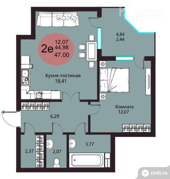 1-комнатная квартира 47,42 кв.м. Фото 1.