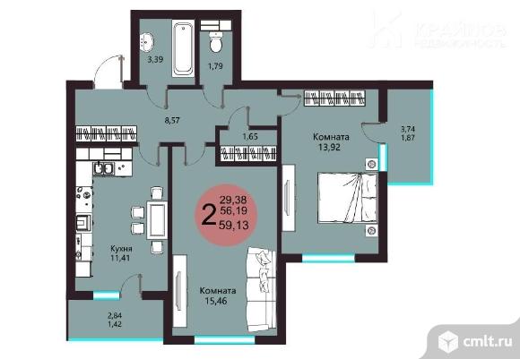 2-комнатная квартира 59,13 кв.м. Фото 1.