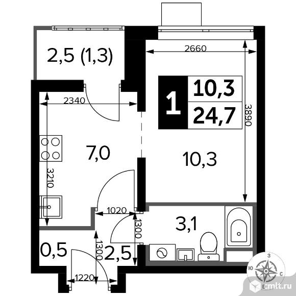 1-комнатная квартира 24,4 кв.м - ЖК «1-й Лермонтовский». Фото 1.