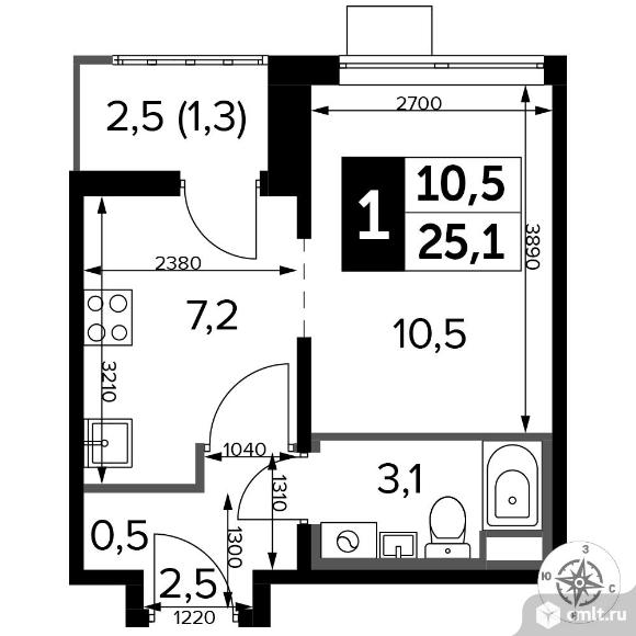 1-комнатная квартира 24,9 кв.м - ЖК «1-й Лермонтовский». Фото 1.