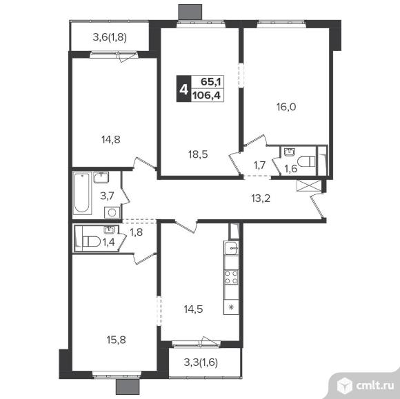 4-комнатная квартира 106,1 кв.м - Южная Битца. Фото 1.