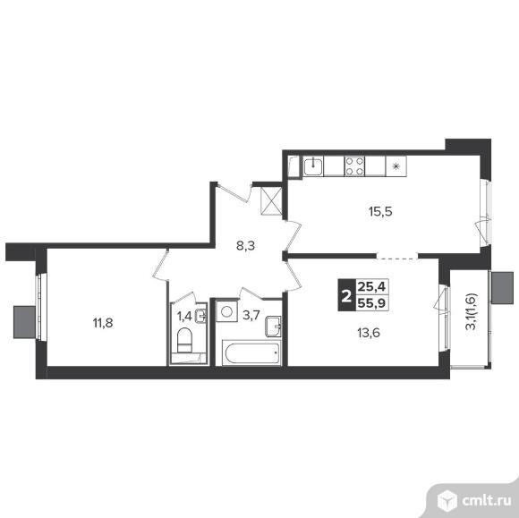 2-комнатная квартира 55,6 кв.м - Южная Битца. Фото 1.