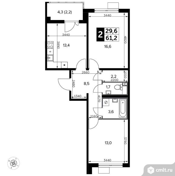 2-комнатная квартира 62,1 кв.м - Южная Битца. Фото 1.