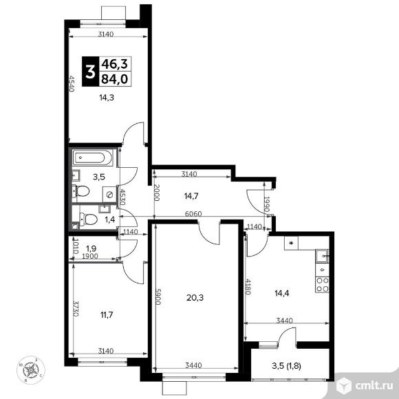 3-комнатная квартира 84,9 кв.м - Южная Битца. Фото 1.