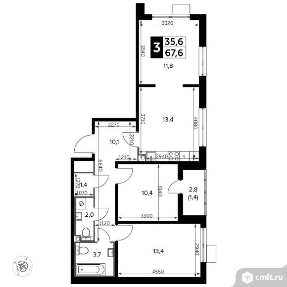 3-комнатная квартира 68,6 кв.м - Южная Битца. Фото 1.
