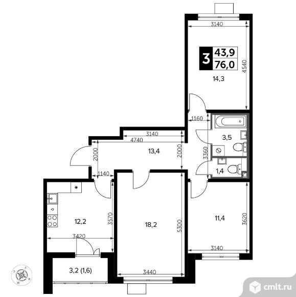3-комнатная квартира 77,2 кв.м - Южная Битца. Фото 1.