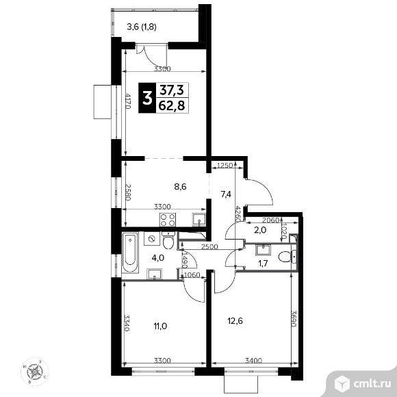 3-комнатная квартира 62,6 кв.м - Южная Битца. Фото 1.