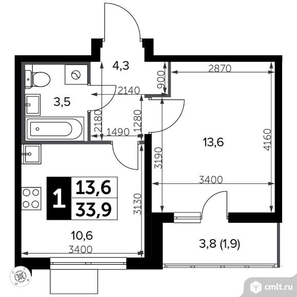 1-комнатная квартира 34,4 кв.м - Южная Битца. Фото 1.