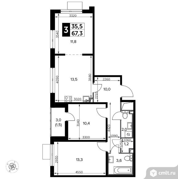 3-комнатная квартира 68,3 кв.м - Южная Битца. Фото 1.