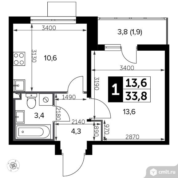 1-комнатная квартира 34,3 кв.м - Южная Битца. Фото 1.