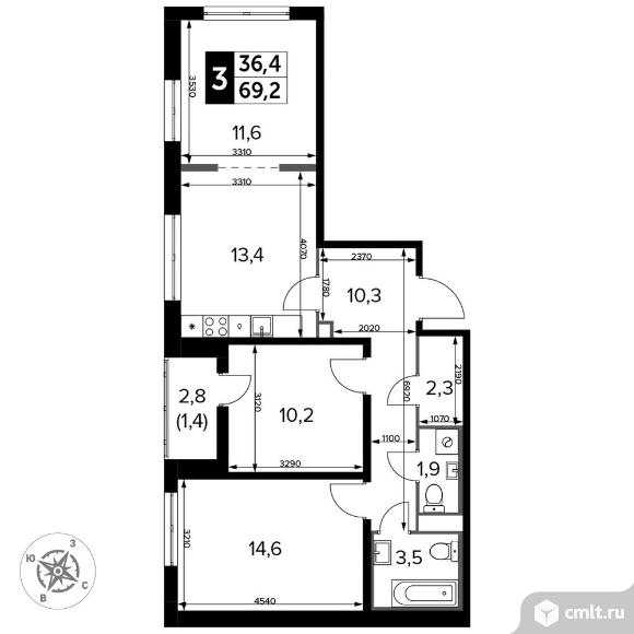 3-комнатная квартира 70,3 кв.м - Южная Битца. Фото 1.