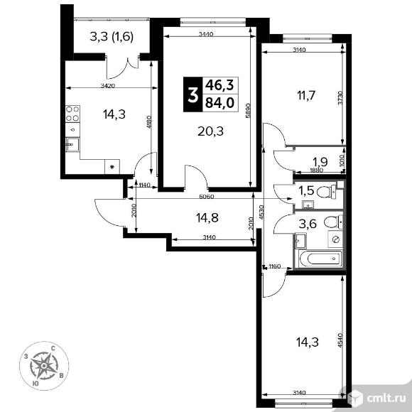 3-комнатная квартира 84,6 кв.м - Южная Битца. Фото 1.