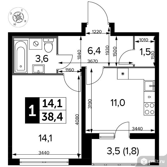 1-комнатная квартира 38,7 кв.м - Южная Битца. Фото 1.