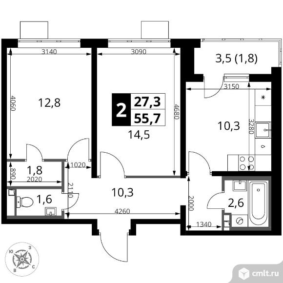2-комнатная квартира 55,7 кв.м - ЖК "1-й Донской". Фото 1.