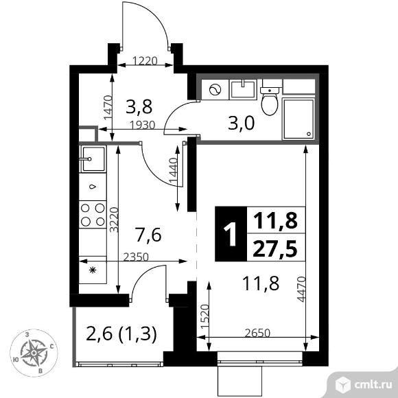 1-комнатная квартира 27,5 кв.м. Фото 1.