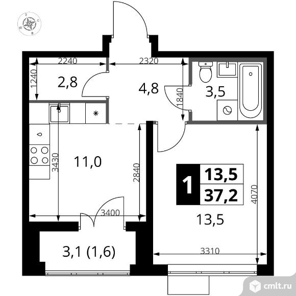 1-комнатная квартира 37,2 кв.м - ЖК "1-й Южный". Фото 1.