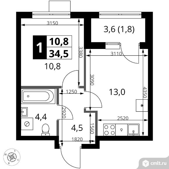 1-комнатная квартира 34,5 кв.м. Фото 1.