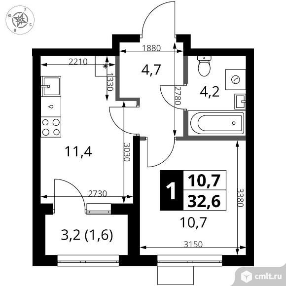 1-комнатная квартира 32,6 кв.м - ЖК "1-й Ясеневский". Фото 1.