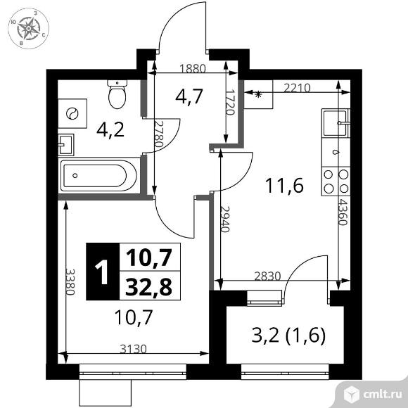 1-комнатная квартира 32,8 кв.м. Фото 1.