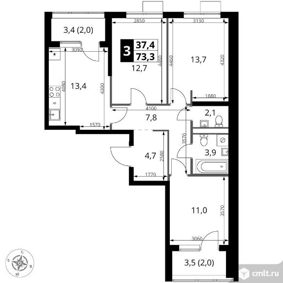 3-комнатная квартира 73,3 кв.м - ЖК "1-й Ясеневский". Фото 1.