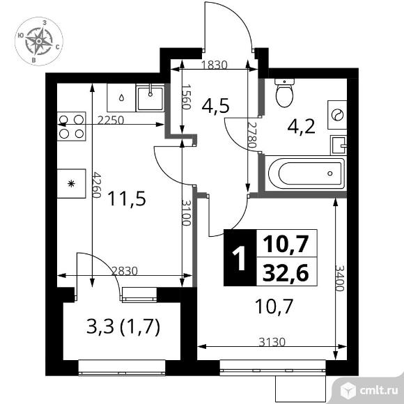 1-комнатная квартира 32,6 кв.м - ЖК "1-й Ясеневский". Фото 1.