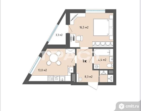 1-комнатная квартира 43,7 кв.м. Фото 1.