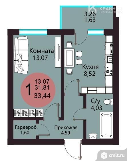 1-комнатная квартира 33,44 кв.м. Фото 14.