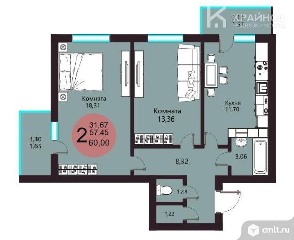 2-комнатная квартира 60,67 кв.м. Фото 14.