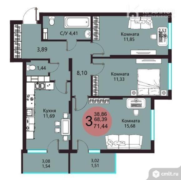 3-комнатная квартира 71,44 кв.м. Фото 11.