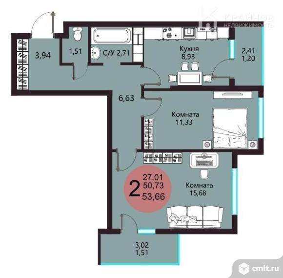 2-комнатная квартира 53,66 кв.м. Фото 11.