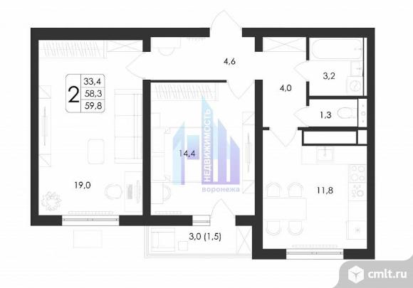 2-комнатная квартира 59,8 кв.м. Фото 6.